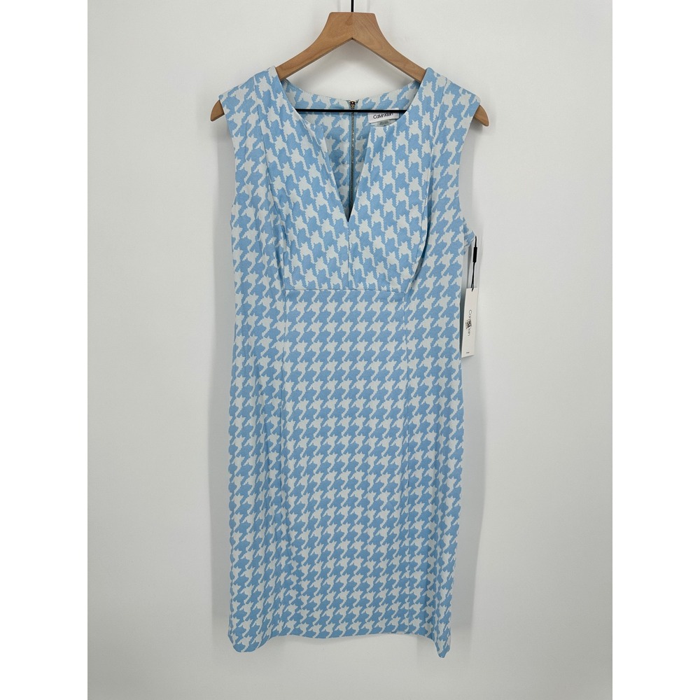 Calvin Klein Sheath Dress Womens 12 Blue White Houndstooth Sleeveless V-Neck New